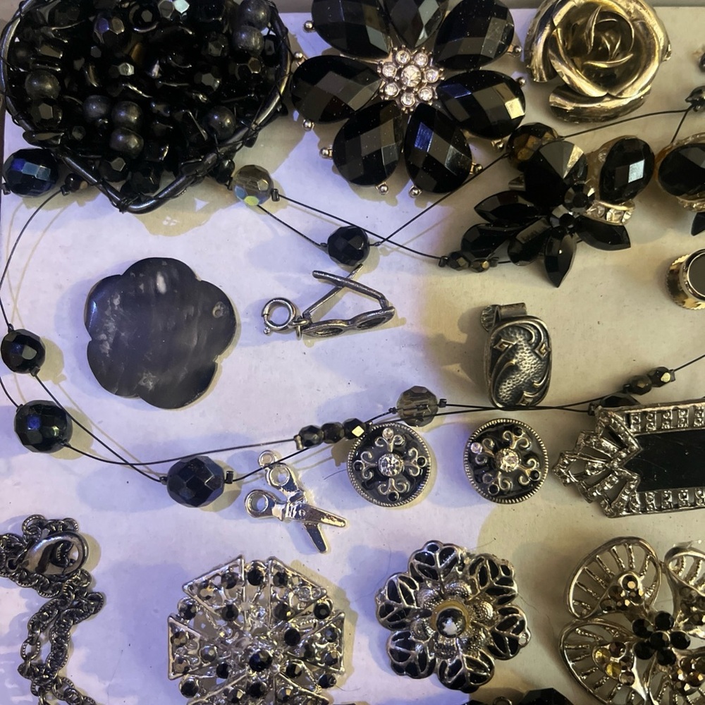 Ornate Black and Silver Brooches with Floral Designs